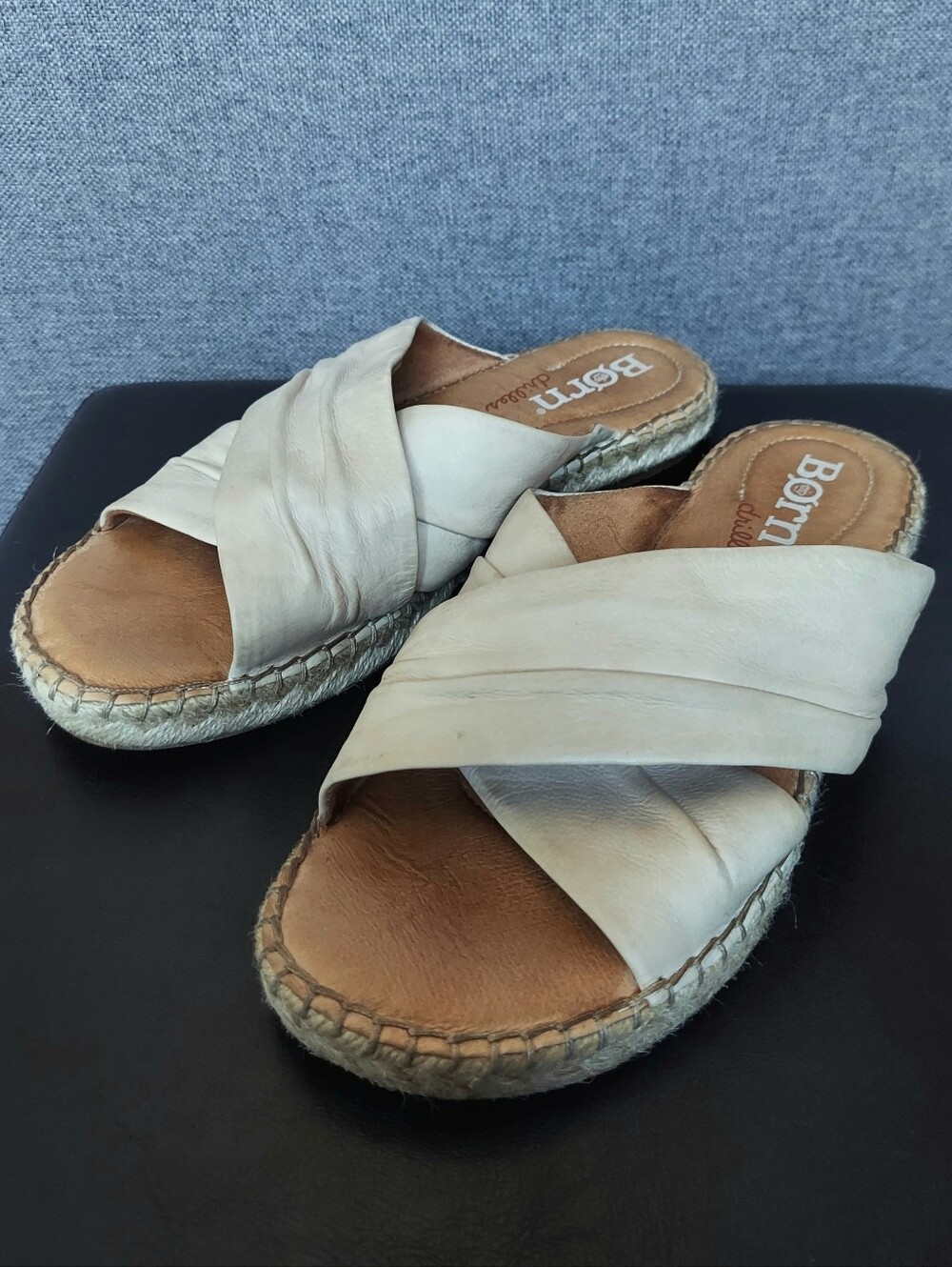BORN Espadrille Cream Criss Cross Ruched Leather Sandals Women 8